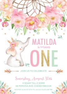 Boho Pink Floral Elephant 1st Birthday Invitation 5"x7" - BF2 design preview