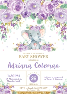 Elephant Purple Floral Baby Shower Invitation EP9 - 5"x7" design preview