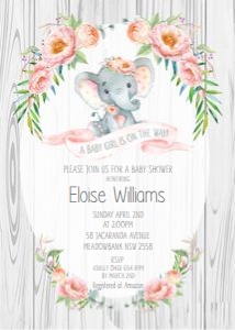 Elephant Rustic Floral Baby Shower Invitation 5"x7" design preview