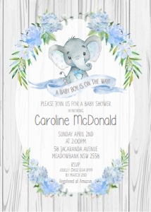 Elephant Rustic Blue Floral Baby Shower Invitation 5"x7" design preview