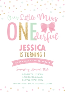 Pink Bow Miss ONEderful Birthday Invitation 5"x7" design preview