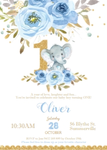 Elephant Blue Floral 1st Birthday Invitation 5"x7" PK3 design preview
