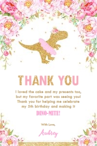 Floral T-Rex Dinosaur Thank You Card 4"x6" design preview
