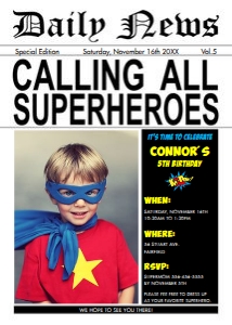 Superhero Super News Invitation 5"x7": Superhero Super News Invitation 5"x7"