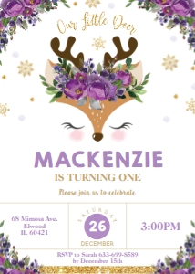 Reindeer Purple Floral Invitation 5"x7" design preview
