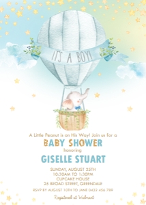 Hot Air Balloon Elephant Boy Baby Shower Invitation 5"x7" design preview