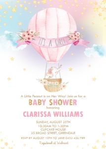 Hot Air Balloon Little Elephant Baby Girl Shower Invitation 5"x7" design preview