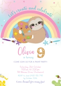 Cute Sloth Art Party Invitation 5"x7" design preview
