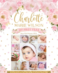 Blush Floral Baby's First Year Photo Collage 16"x20": Blush Floral Baby's First Year Photo Collage 16"x20"