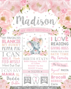 Blush Floral Elephant Silver Milestone Sign 16"x20" design preview