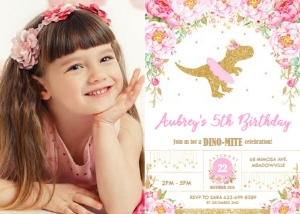 Floral T-Rex Dinosaur Invitation with Photo 5"x7": Floral T-Rex Dinosaur Invitation with Photo 5"x7"