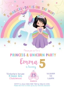 Princess and Unicorn Birthday Party Invitation Black Hair - 5"x7" design preview