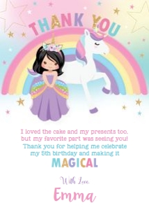 Princess and Unicorn Birthday Party Thank You Card Black Hair - 5"x7" design preview