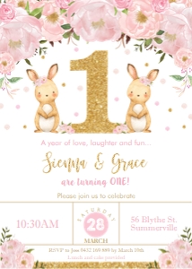 Bunny Pink Floral Twins 1st Birthday Invitation 5"x7": Bunny Pink Floral Twins 1st Birthday Invitation 5"x7"