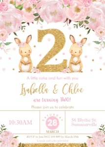 Bunny Pink Floral Twins 2nd Birthday Invitation 5"x7" design preview