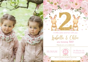 Bunny Pink Floral Twins 2nd Birthday Photo Invitation 5"x7" design preview