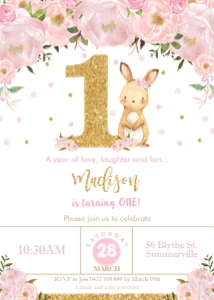 Bunny Pink Floral 1st Birthday Invitation 5"x7" CB6 design preview