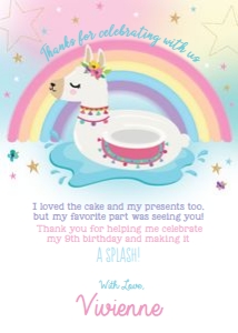 Girl Llama Floatie Pool Party Thank You Card 5"x7" design preview