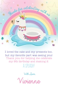 Girl Llama Floatie Pool Party Thank You Card 4"x6" design preview