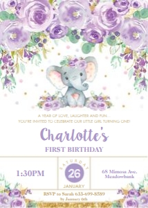 Elephant Purple Floral Birthday Invitation EP9 - 5"x7" design preview