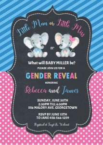 Elephant Little Man or Little Miss Gender Reveal Invitation 5"x7" design preview