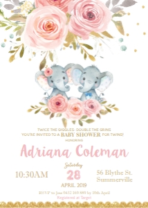 Elephant Pink FLoral Twins Boy and Girl Baby Shower Invitation 5"x7" design preview