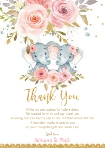 Elephant Pink Floral Twins Baby Shower Thank You 5"x7" design preview