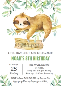 Greenery Sloth Slumber Party Invitation 5"x7" design preview