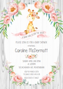 Rustic Giraffe Floral Baby Shower Invitation 5"x7" design preview