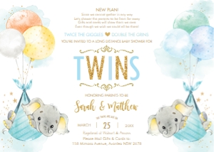 Elephant Twin Boys Balloons Baby Shower by Mail Invitation 5"x7": Elephant Twin Boys Balloons Baby Shower by Mail Invitation 5"x7"