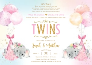 Elephant Twin Girls Balloons Baby Shower by Mail Invitation 5"x7": Elephant Twin Girls Balloons Baby Shower by Mail Invitation 5"x7"