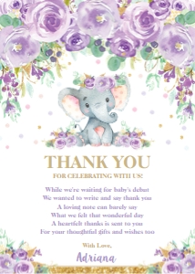 Elephant Purple Floral Baby Shower Thank You Note EP9 - 5"x7" design preview