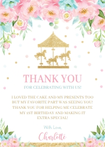 Pink and Mint Floral Carousel Thank You Card 5"x7": Pink and Mint Floral Carousel Thank You Card 5"x7"