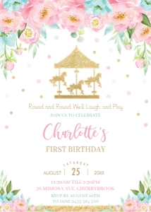 Pink and Mint Floral Carousel Birthday Invitation 5"x7" design preview