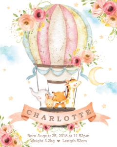 Hot Air Balloon Floral Cute Animals Wall Art 16"x20": Hot Air Balloon Floral Cute Animals Wall Art 16"x20"