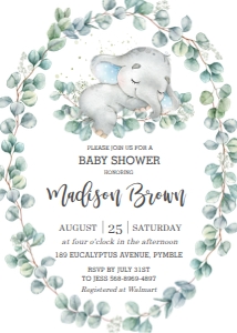 Sweet Sleeping Baby Elephant Greenery Invitation 5"x7" design preview