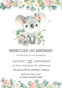 Koala Pink Floral Greenery Birthday Invitation 5"x7" design preview