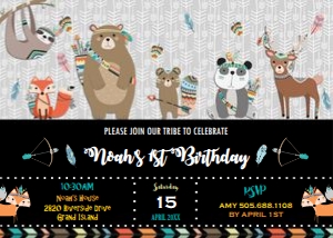 Tribal Woodland Animals Birthday Invitation 5"x7": Tribal Woodland Animals Birthday Invitation 4"x6"