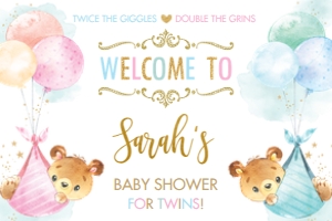 Twins Boy Girl Baby Bears Welcome Sign - 36"x24": Twins Boy Girl Baby Bears Welcome Sign - 24"x36"