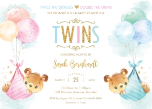 Cute Bear Twins Boy Girl Balloons Invitation 5"x7": Cute Bear Twins Boy Girl Balloons Invitation 5"x7"