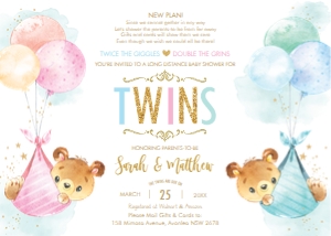 Teddy Bear Twins Boy Girl Balloons Baby Shower by Mail Invitation 5"x7" design preview