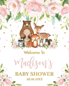 Blush Pink Floral Woodland Animals Welcome Sign - 16"x20" design preview