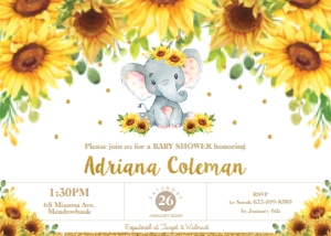 Elephant Sunflower Floral Baby Shower Invitation 1A 5"x7" design preview