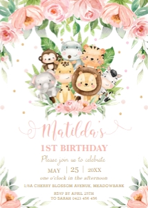 Blush Floral Jungle Animals Birthday Invitation 5"x7" design preview