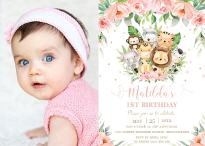 Blush Floral Jungle Animals Birthday Invitation with Photo 5"x7" design preview