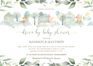 Cute Animals Greenery Drive By Baby Shower Invitation 5"x7" design preview