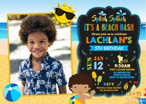 Beach Party Boy Brown Skin Photo Invitation 5"x7" design preview