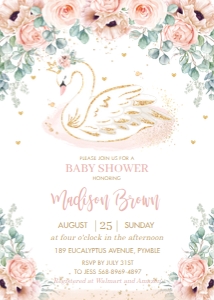 Blush Pink Floral Swan Princess Baby Shower Invitation 5"x7" design preview