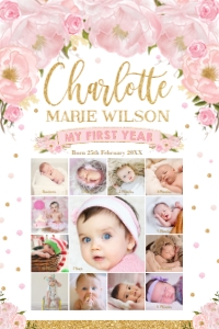 Blush Floral Baby's First Year Photo Collage 20"x30": Blush Floral Baby's First Year Photo Collage 20"x30"