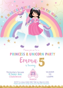 Princess and Unicorn Birthday Party Invitation Black Hair 1a - 5"x7" design preview